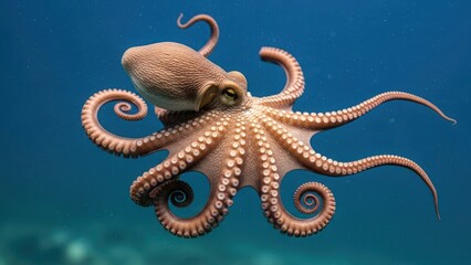 A small octopus swimming in the ocean with its tentacles spread out.