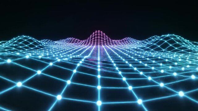 Seamlessly looping geometric grid structure warping and oscillating like a digital liquid wave propagating across an infinite plane rendering, surface, technology