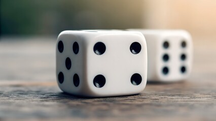 Two White Dice on Wooden Surface with Soft Natural Lighting