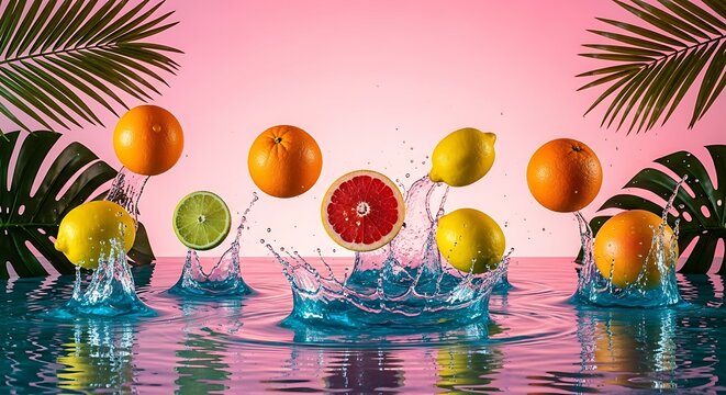 Citrus Splash - Vibrant Fruits in Motion with Tropical Backdrop. - Powered by Adobe