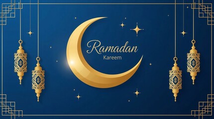 Golden crescent moon and lanterns on a dark blue ramadan background
