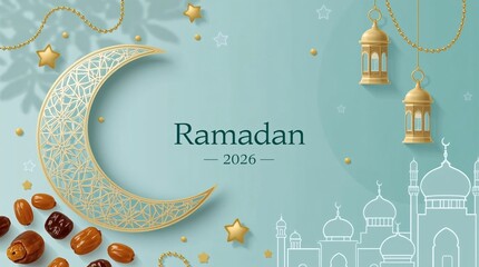 Ramadan kareem crescent moon with lanterns and dates background