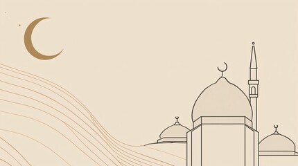 Minimalist islamic mosque silhouette with crescent moon and wavy lines