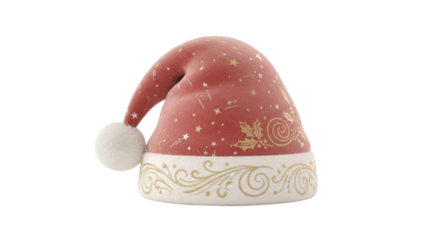 Red Santa Hat with Gold Ornate Decorations and White Pom Pom, Isolated on White Background