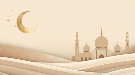 Golden crescent moon and mosque silhouette in desert landscape