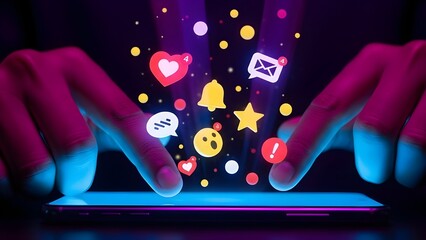 Hands holding phone with floating social media icons