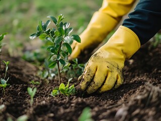 Planting new life gardener hands carefully placing young seedling in soil for sustainable future growth