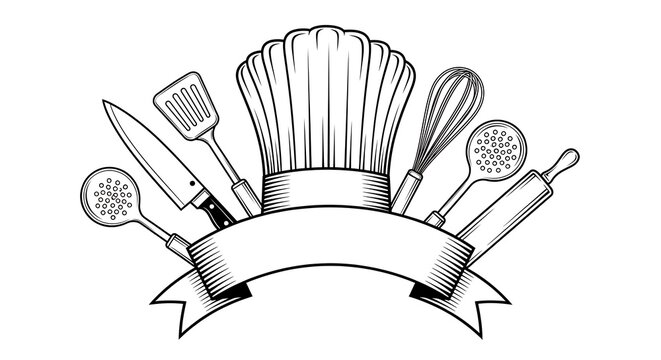Chefs Tools Illustration - Culinary Arts Design with Ribbon Banner.