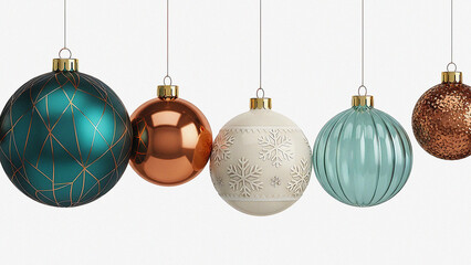 Five beautifully decorated Christmas ornaments in copper, teal, and white, hanging on a white background