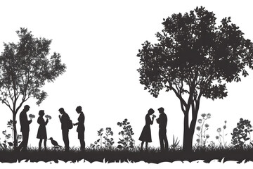 Silhouette of a Remembrance: Shadows of individuals gather, paying their respects in a moment of reflection and collective mourning near two trees.