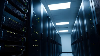 Long corridor inside a server room with glowing lights
