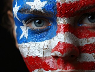 Intense gaze of patriot with striking American flag face paint for July 4th celebrations