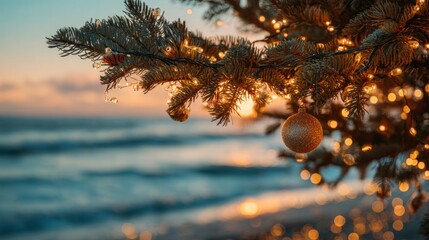 Christmas tree branch decorating beach at sunset