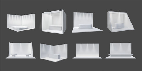 Obraz premium 3d booth. Exhibition stand design, wall display and white show podium with spotlight, empty platform. Stage for fair, product presentation in market, trade show. Vector mockup