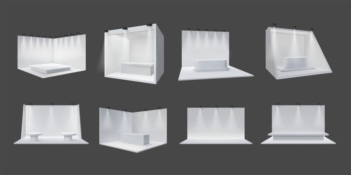 3d booth. Exhibition stand design, wall display and white show podium with spotlight, empty platform. Stage for fair, product presentation in market, trade show. Vector mockup
