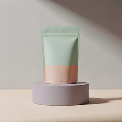 Minimalist stand-up pouch packaging mockup featuring pastel green and peach colors, elegantly displayed on a round purple pedestal, ideal for product branding presentations
