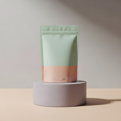 Minimalist two-tone stand-up pouch mockup in pastel green and pink, ideal for showcasing modern product packaging and branding designs with copy space