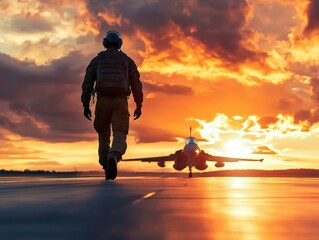 Courageous pilot walking toward fighter jet at striking sunset ready for takeoff on a mission of freedom