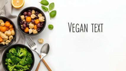 Assorted vegan food in bowls with fresh vegetables on table