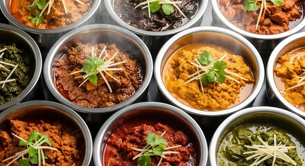 Assortment of Delicious Indian Curries in Bowls.