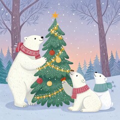 Cute polar bears decorating a Christmas tree in a snowy winter landscape