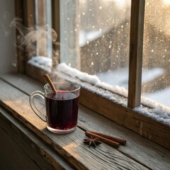 Warm spiced drink in glass with cinnamon by the snowy window in cozy winter setting