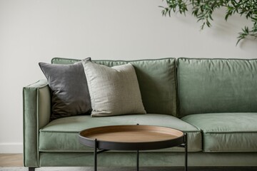 Modern Living Room Interior, Green Velvet Sofa, Minimalist Design, Coffee Table, Contemporary Home Decor, Stylish Lounge Area, Wide View of Sofa, Indoor Plants, Scandinavian Style.