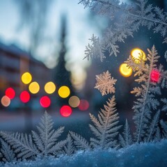 Frost patterns on a window with colorful bokeh lights in the background for holiday decoration