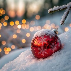 Red Christmas ornament with snowflakes, festive mood, on snow with bokeh lights