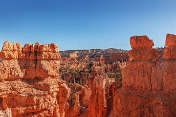 Expansive canyon view with unique red rock formations. Bryce Canyon, UTAH, USA