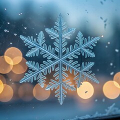 Frosted snowflake on a window with a serene mood and bokeh lights in the background