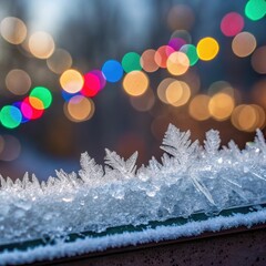 Frost patterns on a window with colorful bokeh lights in the background for holiday decoration