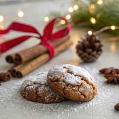 Powdered sugar cookies with a festive mood near cinnamon sticks and pine cone on a table