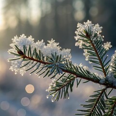 Snow-covered pine branch with a peaceful mood in a winter forest background