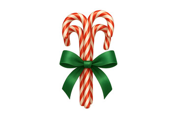 Three classic red-and-white striped candy canes bundled together and tied in the middle with a vibrant green ribbon bow.