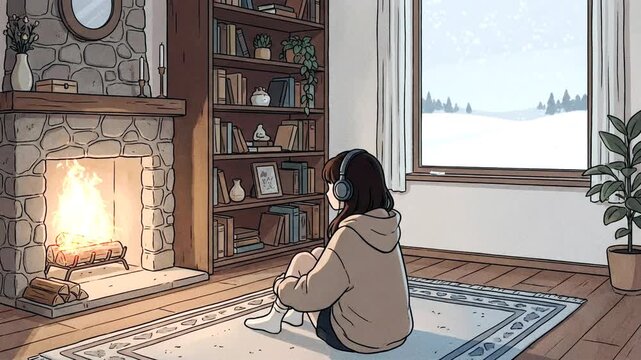 Looping animation of girl relaxing by fireplace in cozy winter room
