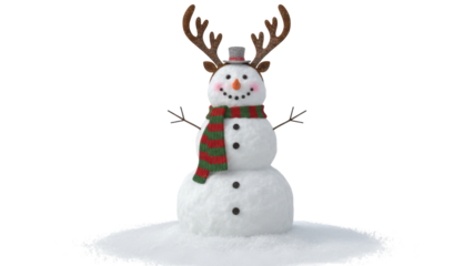 Isolated Christmas Snowman with Antlers, Top Hat, and Red and Green Scarf