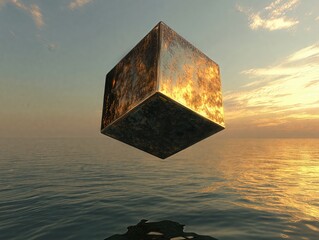 Golden cube floating over a calm ocean during a beautiful sunset, creating a mysterious and surreal atmosphere