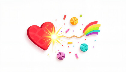 Exploding heart with rainbow sparkler and colorful candies