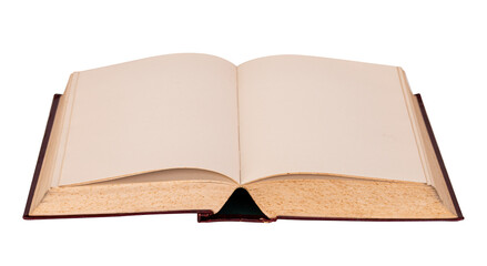 Open book with blank pages and worn paper texture, ideal for education, reading, literature concepts and creative design uses, isolated on white background with clipping path.