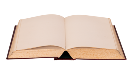 Open book with blank pages and worn paper texture, ideal for education, reading, literature concepts and creative design uses, isolated on white background with clipping path.