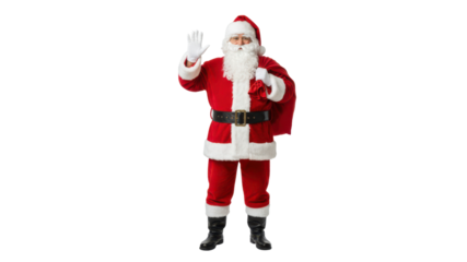 Santa Claus standing full body and waving, holding red sack, isolated on white background