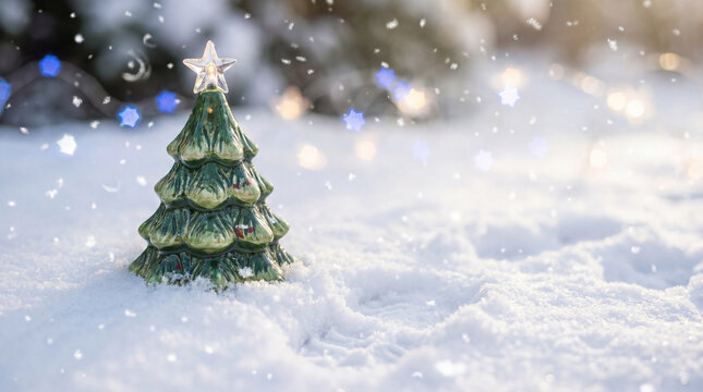 Snowy landscape with small ceramic christmas tree decorated with star topper and festive bokeh lights falling snowflakes in soft focus