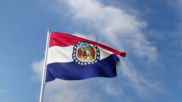 Missouri flag 4K video, waving in the wind, american state flag on a blue sky, tall flagpole, USA, US patriotism, flag of Missouri