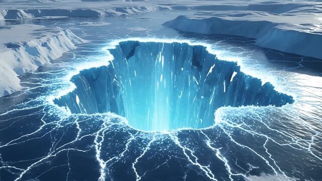 Abstract Frozen Abyss with Glowing Blue Light Energy Flowing in Winter Landscape.