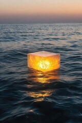 Luminous cube gently floating on tranquil ocean waves during sunset, creating a serene and minimalist seascape