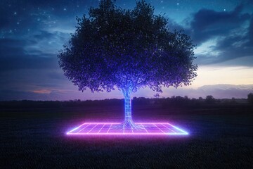 Futuristic tree with glowing roots and branches growing from neon square in field at night with stars