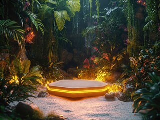 Glowing platform surrounded by vibrant jungle foliage