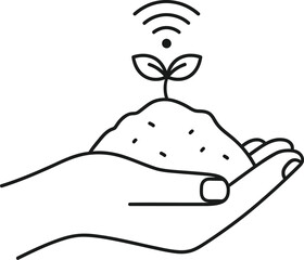 Hand cradling plant seedling with wi-fi signals, symbolizing smart agriculture, sustainable technology, and connected growth innovation.