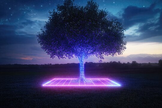 Futuristic tree with glowing roots and branches growing from neon square in field at night with stars - Powered by Adobe